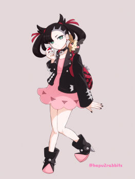  1girl ankle_boots aqua_eyes arm_at_side asymmetrical_bangs backpack bag black_boots black_choker black_hair black_jacket black_nails boots child choker curled_fingers dress dusk_ball earrings expressionless eyelashes feet_up female_focus flat_chest full_body gen_8_pokemon hair_ornament hand_up head_tilt hepu2rabbits_(epuusa) high_heel_boots high_heels highres holding holding_poke_ball jacket jewelry knees knees_together_feet_apart leather leather_boots leather_jacket legs long_hair long_sleeves looking_at_viewer marnie_(pokemon) morpeko nail_polish nintendo open_clothes open_hand open_jacket pale_skin pendant_choker pink_dress poke_ball pokemon pokemon_(creature) pokemon_swsh red_bag simple_background standing standing_on_one_leg stud_earrings thighs twintails undercut 