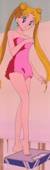  1990s_(style) anime_screenshot barefoot bishoujo_senshi_sailor_moon blonde_hair blue_eyes blush breasts cleavage collarbone double_bun earrings hair_bun highres jewelry legs long_hair long_image looking_down medium_breasts naked_towel open_mouth retro_artstyle standing stitched tall_image third-party_edit towel tsukino_usagi twintails  rating:Sensitive score:30 user:TitanXL