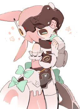 1girl aria_(robot)_(zenless_zone_zero) aria_(zenless_zone_zero) arm_garter baby_bottle black_sclera blush bottle bow closed_eyes colored_sclera commentary cowboy_shot drinking green_bow highres holding holding_bottle humanoid_robot robot robot_girl siomimi solo untranslatable_commentary white_background zenless_zone_zero