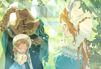  1boy 2girls a_knight_(reverse:1999) armor blue_dress blurry blurry_background brown_hair cape closed_eyes commentary_request day dress eraine-chan gauntlets gloves green_cape green_eyes hand_up hat highres kakania_(reverse:1999) la_source_(reverse:1999) leaf low_twintails multiple_girls official_alternate_costume ornate_armor outdoors plant reverse:1999 sunlight twintails twitter_username vines white_dress white_gloves white_hat 