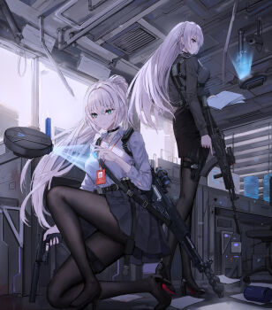  2girls ak-15_(girls'_frontline) alternate_costume an-94_(girls'_frontline) back-to-back black_choker black_pantyhose black_shirt black_shoes black_skirt braid breasts chest_harness choker closed_mouth commentary crown_braid english_commentary expressionless full_body girls'_frontline green_eyes gun handgun harness high_heels highres holding holding_gun holding_paper holding_weapon holster id_card indoors lanyard large_breasts long_hair multiple_girls on_one_knee pantyhose paper ponytail pumps purple_eyes rifle shirt shoes skirt standing suppressor thigh_holster very_long_hair weapon weapon_on_back white_shirt window window_blinds yuzuriha_(atelier_liang) 