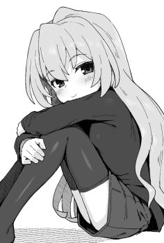  1girl aisaka_taiga blush closed_mouth feet_out_of_frame from_side greyscale highres hugging_own_legs long_hair looking_at_viewer looking_to_the_side miniskirt monochrome no_shoes shirt simple_background skirt smile solo thighhighs toradora! wagashi_(dagashiya) white_background  rating:Sensitive score:152 user:danbooru