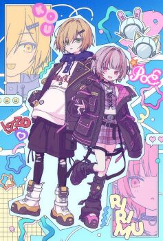  1boy 1girl :d arm_belt asahara badge bat_necklace belt belt_buckle black_belt black_collar black_jacket black_leg_warmers black_leggings black_shorts black_straps blonde_hair blue_background blue_hood blue_outline blunt_bangs blush boots buckle button_badge caution chain chain_necklace character_name clothes_writing collar colored_inner_hair colorful_background crop_top cross-laced_clothes cross-laced_top drawstring earclip fang food_print fruit_print full_body green_eyes grey_hair hair_intakes hair_ornament hair_over_one_eye hairclip heart helmet highres hood hood_down hoodie jacket jewelry lace-up_boots lapels leg_belt leg_tattoo leg_warmers leggings lightning_bolt_print looking_at_viewer loose_belt makaino_ririmu makaino_ririmu_(6th_costume) midriff miniskirt multicolored_hair multicolored_hair_bobbles multiple_belts navel necklace nijisanji no_headwear notched_lapels o-ring o-ring_collar o-ring_thigh_strap open_clothes open_jacket open_mouth outline parted_lips pendant pink_belt pink_hair pink_jacket pink_shoes pink_skirt pink_streaks plaid_clothes plaid_skirt pleated_skirt pocket pointy_ears print_hoodie projected_inset red_eyes shoelaces shoes short_hair shorts skin_fang skirt sleeves_past_fingers sleeves_past_wrists smile spiked_collar spikes spoken_expression spoken_heart standing standing_on_one_leg strawberry_print streaked_hair tattoo thigh_strap torn_clothes torn_leggings two-sided_fabric two-sided_jacket two-tone_hair two_side_up unbuttoned unworn_headwear unworn_helmet unzipped uzuki_kou uzuki_kou_(5th_costume) v virtual_youtuber white_boots white_hoodie winged_heart winged_heart_tattoo wolf_cut yellow_trim 