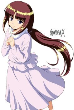  1girl after_war_gundam_x blue_eyes blunt_bangs brown_hair closed_mouth commentary_request copyright_name cowboy_shot feet_out_of_frame gundam hair_tie light_smile long_hair looking_at_viewer low-tied_long_hair noukarakita own_hands_clasped own_hands_together parted_bangs pink_shirt pink_skirt scarf shirt sidelocks skirt solo tiffa_adill white_background white_scarf 