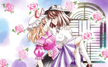  2girls absurdres asymmetrical_hair black_hat black_shoes blonde_hair blush bow breast_pocket brown_eyes brown_hair buttons carrying carrying_person closed_mouth collared_shirt commentary flower frilled_shirt frilled_shirt_collar frills hair_ribbon hand_on_another's_shoulder hat hat_bow hat_ribbon highres kiss_meter_(meme) looking_at_another maribel_hearn medium_hair meme mob_cap multiple_girls official_alternate_costume pink_shirt pocket puffy_short_sleeves puffy_sleeves purple_eyes purple_skirt red_ribbon ribbon ribbon-trimmed_collar ribbon-trimmed_shirt ribbon-trimmed_skirt ribbon_trim rose shirt shoes short_sleeves skirt smile socks standing taboo_japan_disentanglement textless_version touhou white_bow white_hat white_ribbon white_shirt white_socks winner7xp yuri 
