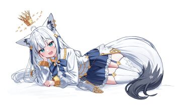  1girl ahoge animal_ear_fluff animal_ears aqua_eyes blue_bow blue_bowtie blue_skirt blunt_bangs bow bowtie commentary crown deaver floating_crown fox_ears fox_girl fox_tail garter_straps gold_trim halo hand_on_own_cheek hand_on_own_face head_rest highres hololive long_sleeves looking_at_viewer lying on_side open_mouth puffy_sleeves shirakami_fubuki shirakami_fubuki_(saint) shirt skirt solo star_halo tail thighhighs virtual_youtuber white_background white_hair white_shirt white_tail white_thighhighs zettai_ryouiki 