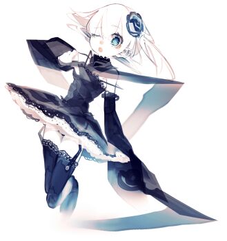  1girl black_dress black_panties blue_dress blue_eyes commentary_request detached_sleeves dress dress_ribbon floating floating_hair flower frills full_body garter_straps hair_flower hair_ornament highres lace long_hair looking_at_viewer one_eye_closed open_mouth original panties pantyshot ribbon riuichi simple_background solo thighhighs underwear weapon white_background white_hair wings 