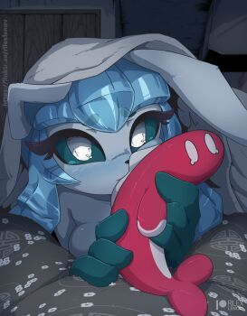  1boy 1girl animal_ears animal_nose black_fur blank_eyes blue_fur blue_hair blue_sclera blush body_fur breasts colored_sclera completely_nude dark furry furry_female furry_male furry_with_furry gen_4_pokemon glaceon grey_fur holding holding_pokemon indoors interspecies long_hair looking_at_viewer medium_breasts nintendo nose_blush nude pokemon pokemon_(creature) pov raised_eyebrows rilex_lenov sexually_suggestive sidelocks tatsugiri tatsugiri_(droopy) tears two-tone_fur under_covers white_eyes wide-eyed 