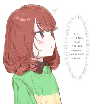  1girl alternate_language blush brown_hair chara_(undertale) commentary_request curly_sidelocks english_text genderswap genderswap_(otf) green_sweater heart_soma highres open_mouth red_eyes short_hair striped_clothes striped_sweater sweater tagme undertale utdr_(toby_fox) variant_set 