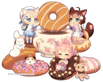  3girls ^_^ ahoge animal_ears antenna_hair aqua_eyes baby_animal bead_bracelet beads blonde_hair bloomers blush bow bracelet brown_hair cat cat_ears cat_tail chibi chibi_only closed_eyes commentary commission cup dav-19 dessert dog donut dress eating english_commentary food food_focus frilled_shirt frilled_skirt frills gradient_hair hair_bow hair_ornament hat heart heart_hair_ornament holding holding_food icing jewelry lolita_fashion long_hair low_twintails mini_person minigirl multicolored_hair multiple_girls one_side_up original outline oversized_food oversized_object pink_dress pink_hair pink_shirt puppy rabbit_ears rabbit_girl rabbit_hair_ornament sailor_hat school_uniform serafuku shirt short_hair skirt sprinkles star_(symbol) star_hair_ornament streaked_hair stuffed_animal stuffed_toy sweet_lolita sweets tail teacup teddy_bear transparent_background twintails underwear very_long_hair watermark web_address white_bow white_cat white_outline white_skirt white_streaks yume_kawaii 
