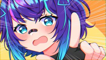 1girl aqua_eyes aqua_hair bandaid bandaid_on_face bandaid_on_nose black_gloves blush close-up commentary emphasis_lines english_commentary eyelashes fingerless_gloves gloves hair_ornament melody_(projektmelody) mikumoreau multicolored_hair official_art open_mouth pink_hair pointing pointing_at_viewer purple_hair second-party_source solo streaked_hair video_thumbnail virtual_youtuber vshojo youtube_video_thumbnail 
