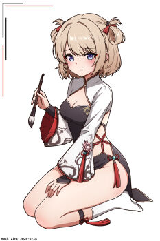  1girl absurdres azur_lane bare_legs black_dress blue_eyes blush breasts brown_hair china_dress chinese_clothes cleavage commentary_request dress eyeshadow from_side full_body hair_rings hand_on_own_thigh hand_up highres holding holding_brush legs makeup medium_breasts medium_hair nervous no_panties official_alternate_costume red_eyeshadow rock_zinc sideless_dress sitting solo thighs z23_(azur_lane) z23_(inky_antics)_(azur_lane) 