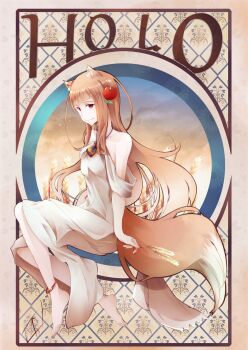  1girl animal_ear_fluff animal_ears apple armpit_crease bare_shoulders barefoot breasts brown_hair brown_tail character_name dress feet food fruit fudo_shin full_body hair_ornament highres holo invisible_chair long_hair looking_at_viewer neck_pouch patterned_background red_eyes sidelocks sitting small_breasts solo spice_and_wolf toenails toes very_long_hair white_dress wolf_ears wolf_girl 