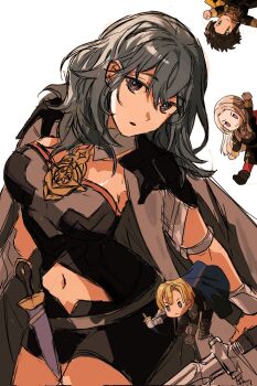  2boys 2girls armor black_armor black_shorts bodice bridal_gauntlets cape chibi claude_von_riegan clothing_cutout dagger dimitri_alexandre_blaiddyd edelgard_von_hresvelg female_byleth_(fire_emblem) fire_emblem fire_emblem:_three_houses gauntlets hashtag-only_commentary highres holding holding_sword holding_weapon knife knife_sheath looking_at_viewer multiple_boys multiple_girls navel_cutout nintendo sheath shorts shoulder_armor simple_background stomach_cutout sword weapon yamyam715144770 