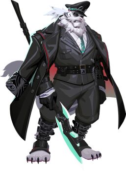  1boy animal_ears artist_request bara belt black_belt black_coat black_gloves black_hat black_jacket black_pants black_suit black_vest chain claws coat coat_on_shoulders collared_shirt digitigrade dislyte fangs formal_clothes full_body furry furry_male gloves green_necktie grey_vest hat holding holding_polearm holding_weapon jacket jin_qiu_(ru_shou)_(dislyte) looking_at_viewer male_focus multiple_scars necktie official_art pants pawpads polearm ponytail round_eyewear scar shirt solo spear standing suit sunglasses tail teeth tiger_boy tiger_ears tiger_stripes tiger_tail transparent_background vest weapon white_shirt 