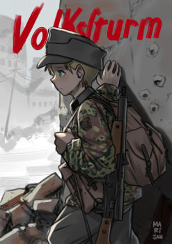 1boy ammunition_pouch artist_name backpack bag blonde_hair bullet_hole camoflauge camouflage flecktarn german_text green_eyes gun gun_sling hat mardjan military military_hat military_uniform original pants pouch rifle rubble ruins volkssturm volkssturmgewehr weapon world_war_ii
