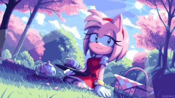 1girl amy_rose animal_ears animal_nose blue_sky bracelet cherry_blossoms closed_mouth commentary day dress english_commentary furry furry_female gloves green_eyes hairband hedgehog_girl highres jewelry looking_at_viewer on_ground outdoors picnic_basket pink_fur pink_hair pixel_art red_dress red_hairband short_sleeves sitting sky smile sogemaji sonic_(series) sun teapot tree white_gloves 