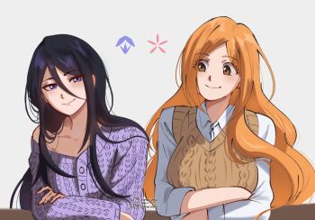  black_hair bleach breasts brown_eyes brown_sweater_vest cardigan closed_mouth collared_shirt crossed_arms grey_background hair_between_eyes highres inoue_orihime kuchiki_rukia large_breasts light_blush long_hair looking_at_another m1rimorinku medium_breasts off-shoulder_cardigan orange_hair parted_bangs purple_cardigan purple_eyes shirt single_bare_shoulder smile sweater_vest twitter_username upper_body white_shirt 