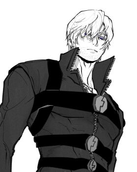  1boy chest_strap closed_mouth collared_shirt dante_(devil_may_cry) devil_may_cry devil_may_cry_(series) devil_may_cry_4 facial_hair frown greyscale highres looking_down male_focus mauli0889 monochrome parted_hair partially_unzipped popped_collar shirt simple_background solo upper_body white_background 