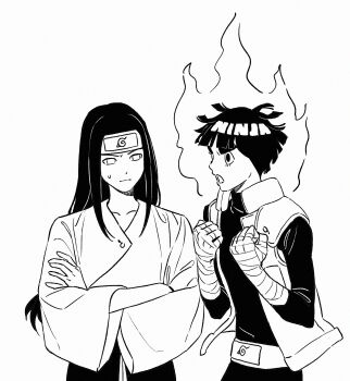  2boys absurdres bandaged_arm bandaged_hand bandages black_pantyhose black_shirt blunt_bangs bowl_cut commentary_request crossed_arms flak_jacket furrowed_brow greyscale highres hyuuga_neji jacket konohagakure_symbol korean_commentary long_hair m0_mo_momo male_focus monochrome multiple_boys naruto_(series) no_pupils open_mouth pantyhose parted_bangs rock_lee shirt short_hair sweatdrop thick_eyebrows upper_body white_background white_shirt wide_sleeves 