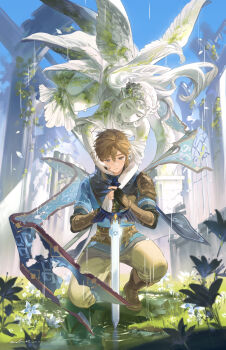  1boy absurdres angel_statue angel_wings armor blue_eyes boots brown_boots brown_hair chinese_commentary clip_studio_paint_(medium) commentary_request dated earrings fingerless_gloves flower gloves hand_on_hilt highres holding holding_sword holding_weapon jewelry lamblab0824 link nintendo on_one_knee outdoors pointy_ears princess_zelda ripples shoulder_armor signature statue sword the_legend_of_zelda the_legend_of_zelda:_breath_of_the_wild weapon white_flower wings 