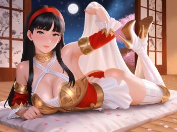  1girl alternate_breast_size_(larger) amagi_yukiko architecture arm_up armor armpits ass black_hair blush boots breastplate breasts cleavage closed_mouth commentary commission east_asian_architecture english_commentary feet_out_of_frame full_body full_moon grey_eyes hairband high-cut_armor_(persona) high_heel_boots high_heels highres indoors large_breasts legs long_hair looking_at_viewer lying mikan_zakuro miniskirt moon night official_alternate_costume on_stomach persona persona_4 pleated_skirt red_hairband sidelocks skindentation skirt solo the_pose thigh_boots thighs white_boots white_skirt wooden_floor 