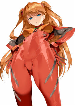  1girl blue_eyes bodysuit breasts from_below hair_between_eyes hair_ornament hands_on_own_hips long_hair looking_at_viewer mecha_pilot_suit medium_breasts neon_genesis_evangelion orange_hair parted_lips plugsuit_(evangelion) red_bodysuit saburou_(hgmg) shiny_clothes simple_background solo souryuu_asuka_langley thighs twintails two_side_up white_background  rating:Sensitive score:67 user:danbooru