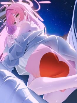  1girl absurdres ahoge all_fours blue_archive braid commentary_request dutch_angle feet_out_of_frame from_behind green_eyes halo hanako_(blue_archive) highres k_cyp long_hair looking_at_viewer night off_shoulder parted_lips pillow pink_hair pink_halo shirt side_braid sky solo star_(sky) starry_sky white_shirt 