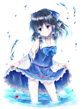 1girl alternate_color black_hair blue_bow blue_bowtie blue_eyes blue_nails blue_skirt blush bow bowtie commentary_request detached_sleeves flower flower_on_liquid frilled_bow frilled_hair_tubes frilled_skirt frills hair_bow hair_tubes hakurei_reimu hibiscus highres long_hair minatsuki_yurara petals player_2 red_flower red_petals ribbon-trimmed_sleeves ribbon_trim skirt skirt_basket skirt_hold skirt_set solo touhou wading water water_drop 