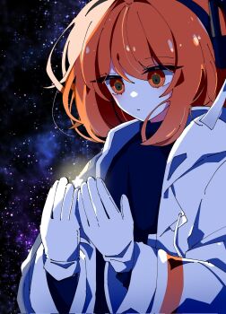  1girl a.i._voice adachi_rei black_shirt closed_mouth gloves glowing hashtag-only_commentary highres holding holding_star jacket lens_eye long_sleeves looking_at_object medium_hair mei_(meiday_mise) open_clothes open_jacket orange_eyes orange_hair shirt sky solo star_(sky) star_(symbol) starry_background starry_sky upper_body utau white_gloves white_jacket 