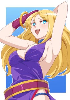  1girl armpits arms_behind_head b._jenet blonde_hair blue_eyes breasts cleavage dress fatal_fury fatal_fury:_city_of_the_wolves half-closed_eyes highres large_breasts legs long_hair open_mouth sideboob smile snk solo teeth the_king_of_fighters thighs thong tongue 