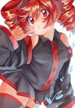  1girl :o arm_up black_shirt black_skirt black_thighhighs commentary detached_sleeves drill_hair english_commentary facial_mark head_tilt highres kasane_teto long_sleeves looking_at_viewer medium_hair musical_note open_mouth pinky_out pointing_at_cheek red_eyes red_hair red_trim shirt simple_background skirt solo swept_bangs teeth thighhighs twin_drills upper_body utau white_background wide_sleeves xixiriima zettai_ryouiki 