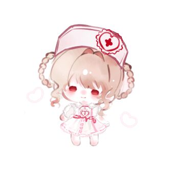  1girl barefoot blonde_hair braid braided_hair_rings brown_eyes buttons cardiogram chibi chinese_commentary closed_mouth collared_dress commentary_request cross cross_print dress fengmi_youzi_hua frilled_dress frills gloves hair_intakes hair_rings hand_up happy hat hat_ornament heart heart_hat_ornament highres infinity_nikki light_blush medium_dress nikki_(series) nurse nurse_cap print_dress print_headwear puffy_short_sleeves puffy_sleeves red_cross short_hair_with_long_locks short_sleeves sidelocks simple_background smile solid_oval_eyes solo sweet_diagnosis_(infinity_nikki) wavy_hair white_background white_dress white_gloves white_hat 