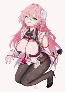  1girl absurdres apron bare_shoulders between_breasts black_dress black_skirt blush breasts brown_pantyhose commentary cosmetics dress fingernails flower frilled_apron frills goddess_of_victory:_nikke green_eyes hair_flower hair_intakes hair_ornament heart_pasties high_heels highres holding holding_lipstick_tube kneeling large_breasts lipstick_tube long_hair mole mole_on_breast mole_under_eye nail_polish open_mouth pantyhose pasties pink_background pink_hair pink_lips pink_nails pink_shoes ramuneogura shibari shibari_over_clothes shoes signature skirt smile solo strap_between_breasts tassel teeth thighs velvet_(nikke) white_apron white_wrist_cuffs wrist_cuffs 