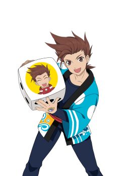  1boy artist_request black_pants black_shirt blue_happi brown_eyes brown_hair collarbone commentary cowboy_shot dice english_commentary game_cg happi holding holding_dice japanese_clothes lloyd_irving lloyd_irving_(festival) looking_at_viewer official_alternate_costume official_art open_happi open_mouth pants shirt short_hair simple_background smile solo spiked_hair standing tales_of_(series) tales_of_asteria tales_of_symphonia third-party_source transparent_background 