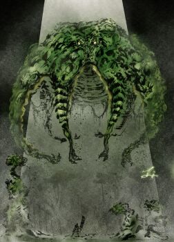  1other absurdres ambiguous_gender calligraphy_brush_(medium) deadpool_yuchan fighting_stance floating full_body giant giant_monster gradient_background greatsword green_theme highres holding holding_sword holding_weapon horizontal_pupils monster monster_focus monster_hunter_(character) monster_hunter_(series) monster_hunter_2 moss size_difference sword tentacles tree weapon yama_tsukami 