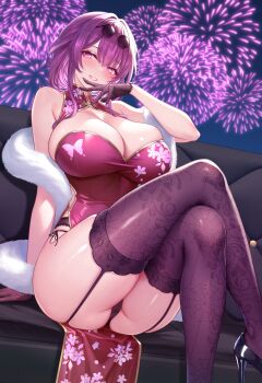  1girl bare_shoulders blush breasts crossed_legs dress eyewear_on_head feather_boa fireworks foot_out_of_frame glasses gloves hand_up high_heels highres honkai:_star_rail honkai_(series) kafka_(honkai:_star_rail) large_breasts looking_at_viewer medium_hair panties parted_lips pince-nez purple_dress purple_eyes purple_gloves purple_hair purple_panties purple_thighhighs smile solo studiopokotan thighhighs thighs underwear 