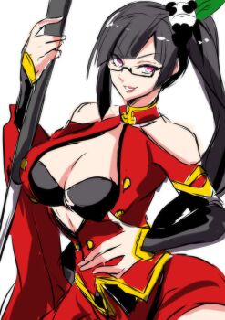  1girl arc_system_works bare_shoulders black_bra black_hair blazblue blazblue:_central_fiction bo_staff bra breasts china_dress chinese_clothes cleavage cleavage_cutout clothing_cutout demekin0206 dress glasses hair_ornament highres large_breasts lips litchi_faye_ling long_hair looking_at_viewer panda_hair_ornament ponytail purple_eyes simple_background smile solo underwear white_background 