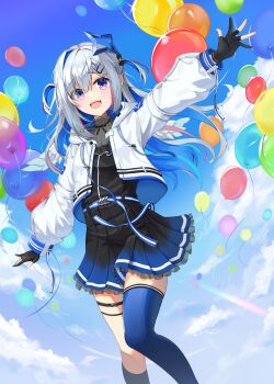  1girl absurdres amane_kanata amane_kanata_(work) aqua_wings balloon belt black_dress black_gloves blue_hair blue_sky blush cloud colored_inner_hair commentary_request dress gloves gradient_wings grey_hair hair_between_eyes hair_ornament hairclip halo high_collar highres hololive jacket long_hair long_sleeves looking_at_viewer low_twintails mi_ke0224 microphone multicolored_hair multicolored_wings official_alternate_costume official_alternate_hair_length official_alternate_hairstyle open_mouth outdoors outstretched_arms partially_fingerless_gloves purple_eyes scenery single_hair_intake sky solo star_(symbol) star_halo streaked_hair twintails virtual_youtuber white_jacket wings 