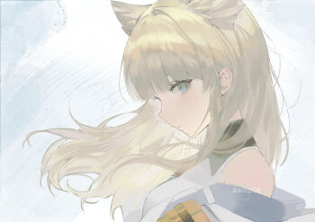  1girl absurdres arknights arknights:_endfield bare_shoulders blonde_hair blue_eyes chinese_commentary closed_mouth commentary eoboong expressionless floating_hair from_side grey_jacket highres jacket long_hair looking_at_viewer muted_color off_shoulder perlica_(arknights) portrait profile sample_watermark sideways_glance solo watermark yellow_pupils 
