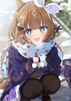  +_+ 1girl absurdres almond_eye_(umamusume) animal_ears bag black_gloves black_pantyhose blue_coat blue_eyes blue_scarf blush bow_hairband braid breasts breath brown_hair buttons coat colored_inner_hair commentary_request double-breasted enpera gloves hair_between_eyes hair_ornament hairband hairclip highres holding holding_snowman horse_ears horse_girl horse_tail long_hair long_sleeves looking_at_viewer multicolored_hair open_mouth outdoors pantyhose polka_dot polka_dot_scarf purple_serafuku purple_skirt scarf school_bag school_uniform serafuku skirt smile snow snowing snowman solo squatting symbol-shaped_pupils tail tracen_school_uniform tracen_winter_coat umamusume white_hairband winter_clothes winter_coat winter_uniform yukikawa_juri  rating:General score:3 user:danbooru