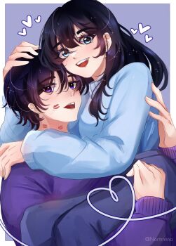  1boy 1girl absurdres alternate_costume alternate_hairstyle black_hair black_pants blue_eyes blue_shirt blue_sleeves blunt_bangs border carrying casual commentary contemporary couple earrings english_commentary eyelashes eyeliner eyeshadow fingernails genshin_impact hair_between_eyes hair_down hand_on_another's_back hand_on_another's_head hand_on_another's_shoulder hand_on_another's_waist heart heart-shaped_pupils hetero highres hug jewelry lipstick_mark lipstick_mark_on_face lipstick_mark_on_neck long_hair long_sleeves looking_at_viewer makeup mona_(genshin_impact) normnnna open_mouth pants princess_carry purple_background purple_eyes purple_shirt purple_sleeves red_eyeliner red_eyeshadow red_pupils scaramouche_(genshin_impact) shirt star_(symbol) star_earrings symbol-shaped_pupils tareme teeth tongue twitter_username upper_teeth_only white_border 