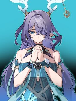  1girl antlers aqua_nails bare_shoulders blue_dress blue_eyes chinese_commentary closed_mouth commentary_request dress earrings genshin_impact green_background hair_ornament hair_over_one_eye highres horns jewelry lauma_(genshin_impact) long_hair looking_at_viewer official_alternate_costume own_hands_clasped own_hands_together pointy_ears purple_hair shuimusang_lingganguban solo upper_body 