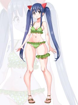  1girl absurdres bikini blue_hair breasts brown_eyes brown_sandals cleavage collarbone commentary english_commentary fairy_tail frilled_bikini frilled_thigh_strap frills full_body green_bikini hairpods highres i_am_anddo light_blush long_hair looking_at_viewer navel parted_lips sandals shoulder_tattoo small_breasts solo standing swimsuit tattoo thigh_strap twintails very_long_hair wendy_marvell white_background zoom_layer 