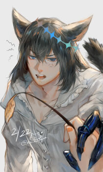  1boy absurdres anger_vein animal_ears blue_eyes cat_day cat_ears cat_tail cat_teaser commentary_request dated fate/grand_order fate_(series) frilled_shirt_collar frills grey_hair highres kemonomimi_mode long_sleeves looking_at_viewer male_focus oberon_(fate) oberon_(third_ascension)_(fate) open_mouth pov renrenka_noi shirt solo_focus tail white_shirt 