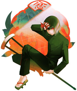  1boy absurdres black_hair commentary_request crutch feet flower gakuran geta hair_in_own_mouth highres hinode_(ooe) kurosawa_(adelta) looking_at_viewer male_focus mountain official_art ooe_(game) origami paper_crane red_eyes school_uniform simple_background white_background 