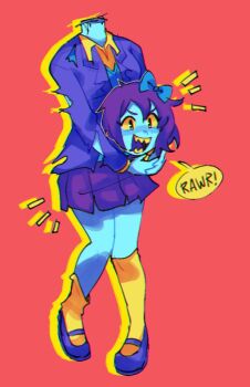  blue_skin colored_skin doki_doki_literature_club dullahan halloween headless monster monster_girl non-web_source purple_hair sayori_(doki_doki_literature_club) school_uniform sharp_teeth short_hair skirt source_request teeth torn_clothes undead yellow_eyes zombie 