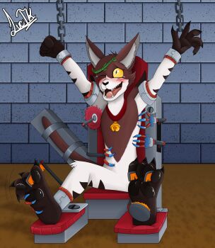 1boy animal_ears anthro_male armor bell brown_fur brush cat cat_ears chain chained chainmail chair claws foot_focus furry luctk mechanical_arms nyan_(one-punch_man) one-punch_man one_eye_closed tickle_torture tickling tickling_feet white_fur