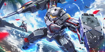  1boy 1girl aircraft april_fools armor armored_bodysuit azur_lane battle beach commander_(azur_lane) copyright_name cropped enterprise_(azur_lane) highres holding holding_weapon kenko_(a143016) looking_at_viewer male_focus official_art outdoors pile_bunker power_armor power_armor_commander_(azur_lane) sbd_dauntless third-party_source tree water weapon white_hair 