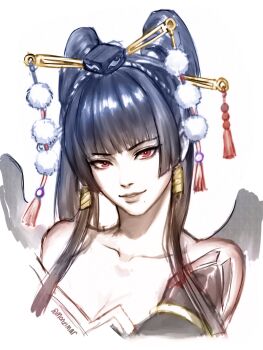  1girl bare_shoulders blunt_bangs blunt_ends breasts cleavage collarbone dead_or_alive eyelashes hair_ornament hat highres hime_cut kanzashi lips looking_at_viewer mole mole_under_mouth monzimar nyotengu parted_lips portrait red_eyes sidelocks smile solo tengu tokin_hat twitter_username white_background 